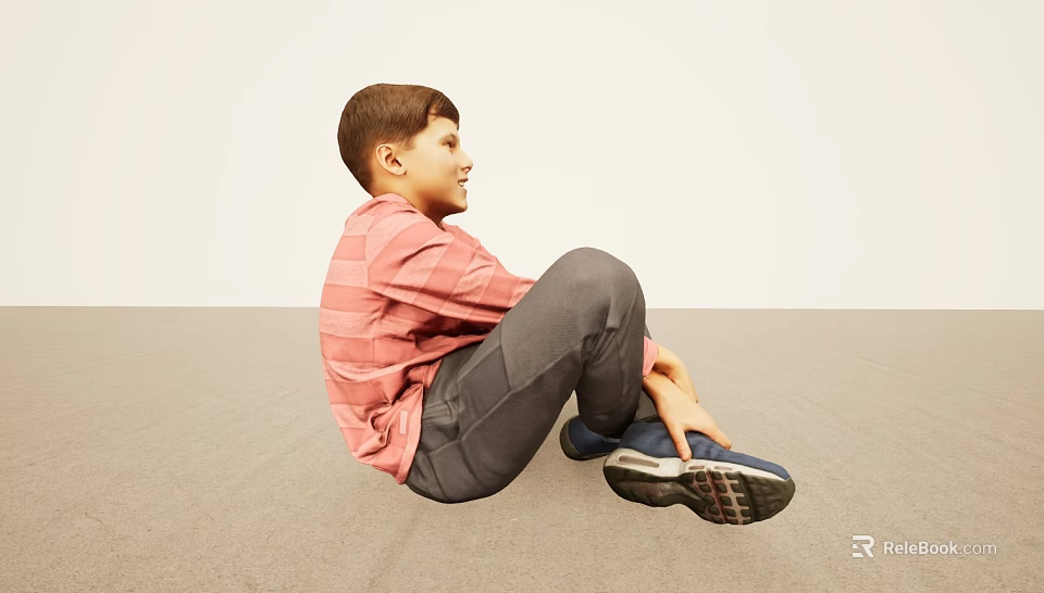 Boy Sitting on Light Floor in Pink Striped Shirt Gray Pants with Hands on Feet 3d model 
