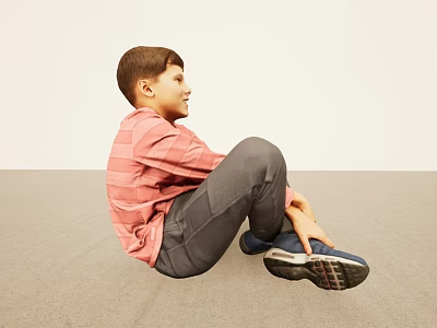 Boy Sitting on Light Floor in Pink Striped Shirt Gray Pants with Hands on Feet 3d model
