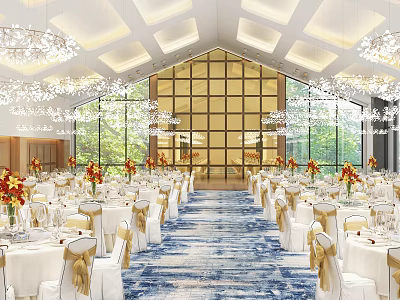 Elegant Banquet Hall Interior With Chandeliers Large Windows Dining Tables Blue Carpet And Flower Centerpieces 3d model