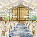 Elegant Banquet Hall Interior With Chandeliers Large Windows Dining Tables Blue Carpet And Flower Centerpieces