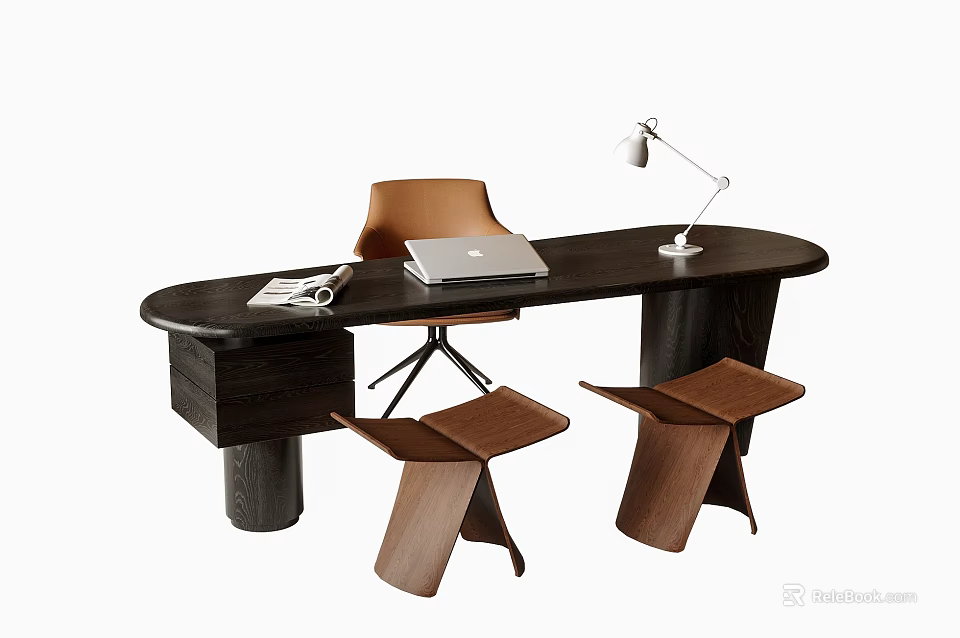 Modern Dark Wood Desk And Chair Set With Laptop Desk Lamp Magazine And Two Stools 3d model 