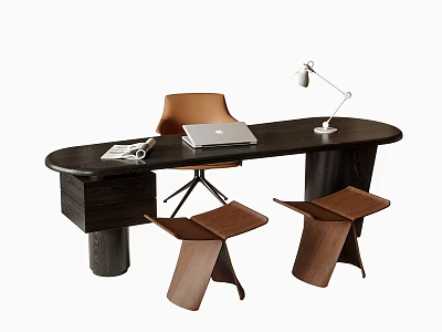 Modern Dark Wood Desk And Chair Set With Laptop Desk Lamp Magazine And Two Stools 3d model
