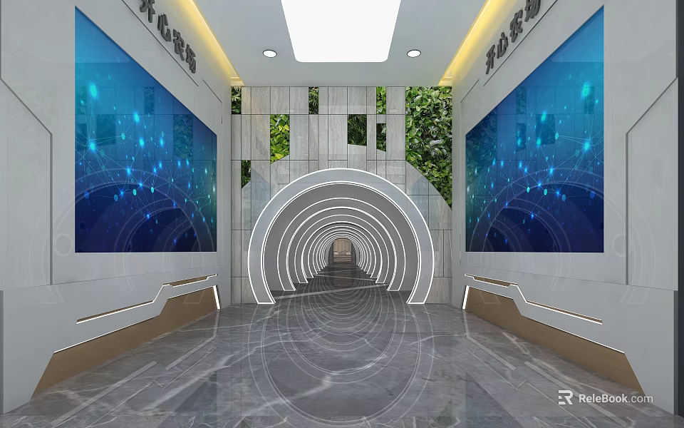 Modern Corridor Interior With Circular Tunnel Blue Digital Screens Green Plant Decorations And Marble Floor 3d model 