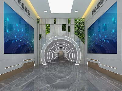 Modern Corridor Interior With Circular Tunnel Blue Digital Screens Green Plant Decorations And Marble Floor 3d model