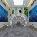 Modern Corridor Interior With Circular Tunnel Blue Digital Screens Green Plant Decorations And Marble Floor