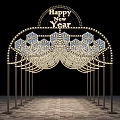 Garden Ornament Lighted Arch With Happy New Year Sign And Geometric Patterns On Brick Floor