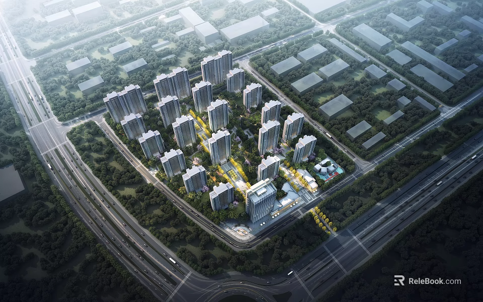 Aerial View Planning of Modern Residential Area With Green Spaces and Road Network 3d model 