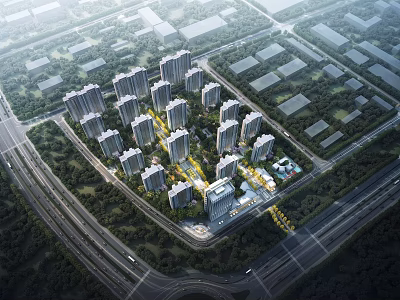 Aerial View Planning of Modern Residential Area With Green Spaces and Road Network 3d model