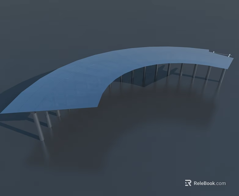 Modern Swing Door With Curved Blue Canopy And Supporting Pillars Structure 3d model