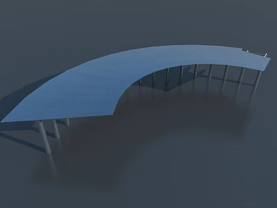 Modern Swing Door With Curved Blue Canopy And Supporting Pillars Structure 3d model