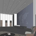 Spacious Modern Lobby Front Desk Reception With HCE Logo World Map Wall Sofas Coffee Table 3d model