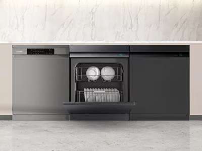 Sleek Modern Kitchen Interior With Open Dishwasher Holding Clean Dishes And Appliances 3d model