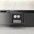 Sleek Modern Kitchen Interior With Open Dishwasher Holding Clean Dishes And Appliances