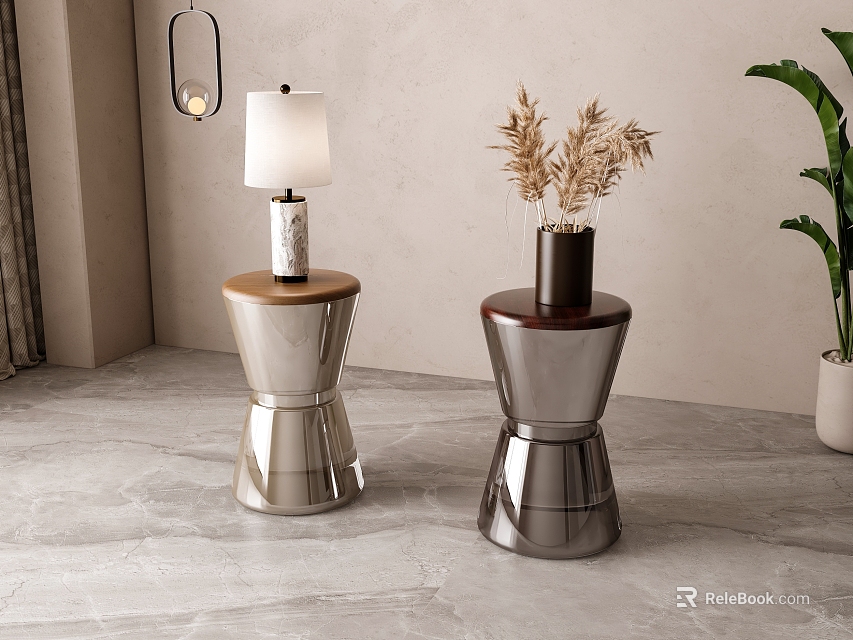 Modern Round Side Tables Metal and Wooden Tops Lamp Dried Plants Greenery in Interior 3d model 