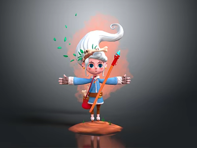 Cute Elf Character With White Curly Hair Green Floating Leaves Blue Coat And Red Staff 3d model