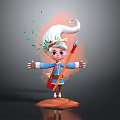 Cute Elf Character With White Curly Hair Green Floating Leaves Blue Coat And Red Staff