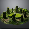 Ancient Stone Statues Arrangement With Circular Mossy Platform And Green Plants