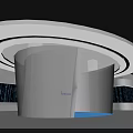 Modern Exhibition Hall Design With Curved Structure Blue Screens Data Lines And Lit Floor