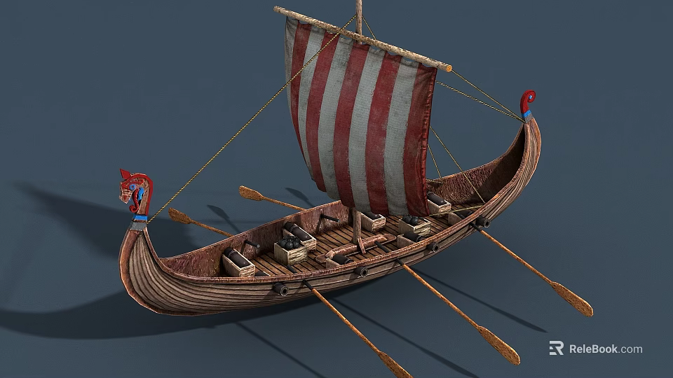 Ancient Wooden Boat With Red And White Striped Sail Red Decorations Oars And Storage Boxes 3d model 