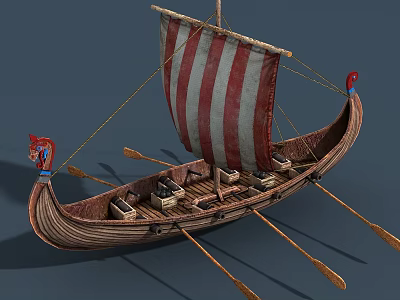 Ancient Wooden Boat With Red And White Striped Sail Red Decorations Oars And Storage Boxes 3d model