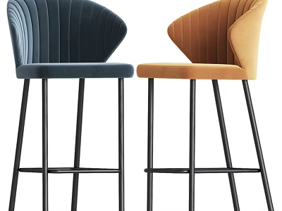 Stylish Blue And Orange Velvet Bar Stools With Curved Backrest And Black Metal Legs 3d model