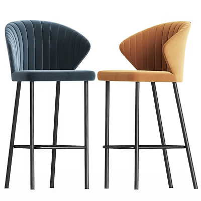 Stylish Blue And Orange Velvet Bar Stools With Curved Backrest And Black Metal Legs 3d model