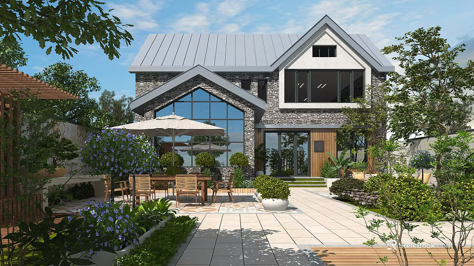 Stunning Courtyard Garden With Outdoor Dining Set Umbrella Stone Paving And Lush Green Plants 3d model 