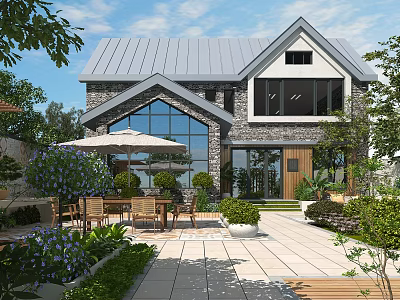 Stunning Courtyard Garden With Outdoor Dining Set Umbrella Stone Paving And Lush Green Plants 3d model