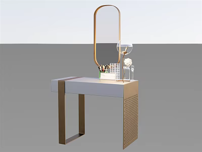 Modern Dressing Table White Countertop Gold Metal Accents Oval Mirror Cosmetics Vase Flowers And Glass 3d model