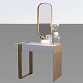 Modern Dressing Table White Countertop Gold Metal Accents Oval Mirror Cosmetics Vase Flowers And Glass