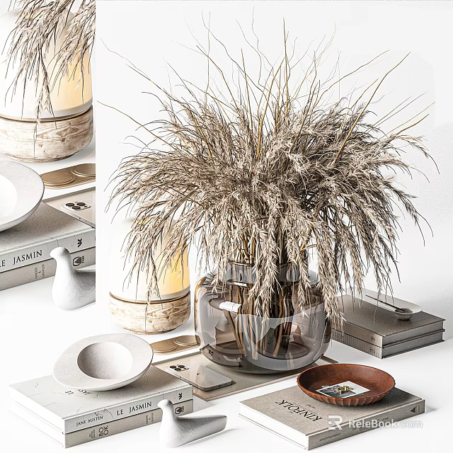 Decorative Ornament Set With Clear Glass Vase Dried Pampas Grass Books And Plates 3d model 