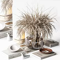 Decorative Ornament Set With Clear Glass Vase Dried Pampas Grass Books And Plates