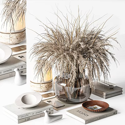 Decorative Ornament Set With Clear Glass Vase Dried Pampas Grass Books And Plates 3d model
