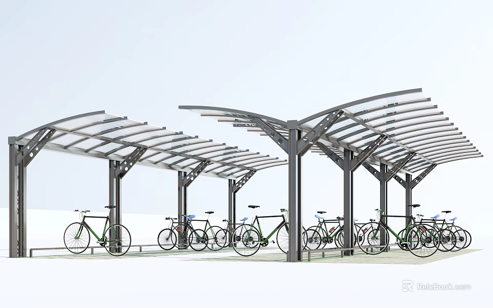 Bike Shelter With Curved Metal Roof And Multiple Support Posts For Parked Bicycles 3d model 