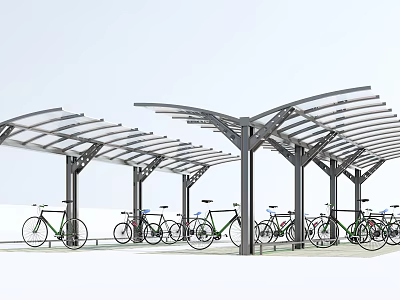 Bike Shelter With Curved Metal Roof And Multiple Support Posts For Parked Bicycles 3d model