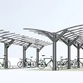 Bike Shelter With Curved Metal Roof And Multiple Support Posts For Parked Bicycles