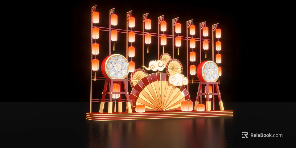 Traditional Chinese Decorative Display With Lanterns Drums And Fan Ornaments 3d model 