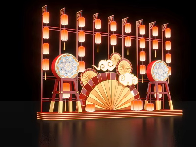 Traditional Chinese Decorative Display With Lanterns Drums And Fan Ornaments 3d model