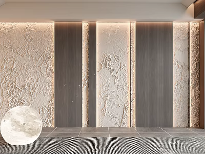Modern Textured Sofa Background Wall With Wood Panels And Lighting 3d model