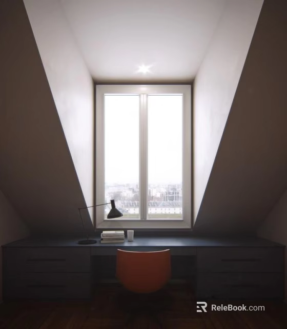 Attic Desk Setup With Large Window Black Desk Lamp Books And Orange Chair 3d model 