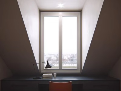 Attic Desk Setup With Large Window Black Desk Lamp Books And Orange Chair 3d model