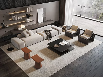 Modern Living Room Sofa And Coffee Table Set With Accent Chairs Ottomans And Area Rug 3d model