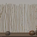 Natural Wooden Fence With Branch Design And Decorative Pottery Vases For Interior Decor