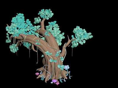 Tree with Brown Trunk Turquoise Leaves Purple Pink Small Flowers and Hanging Vines 3d model
