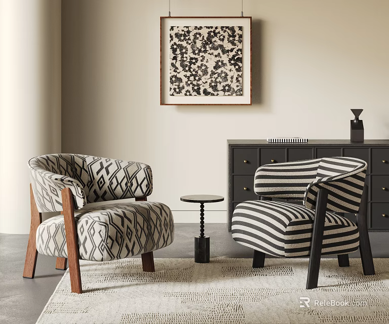 Two Modern Armchairs With Geometric And Striped Patterns Small Round Table Cabinet Wall Art And Rug 3d model 