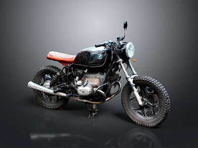 Custom BMW Vintage Motorcycle With Black Body Red Leather Seat And Round Headlight 3d model