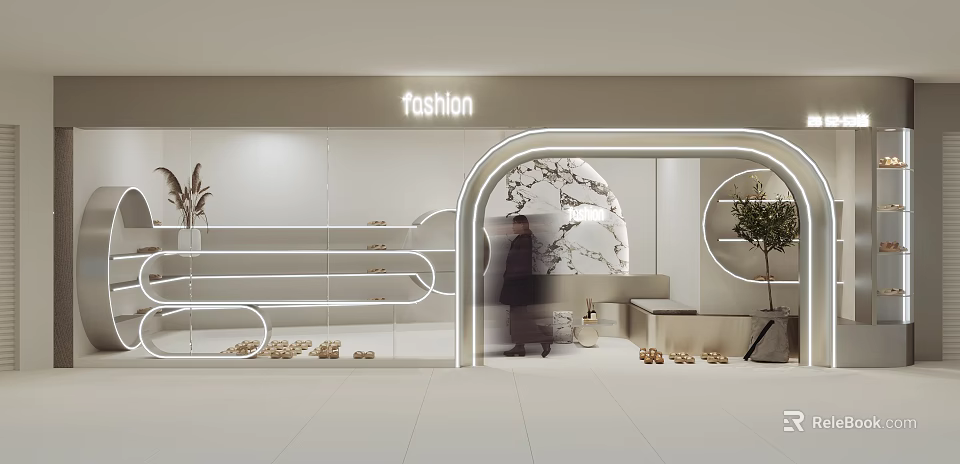 Modern Fashion Store Interior With Neon Lighting Arched Entrance And Shoe Displays 3d model 