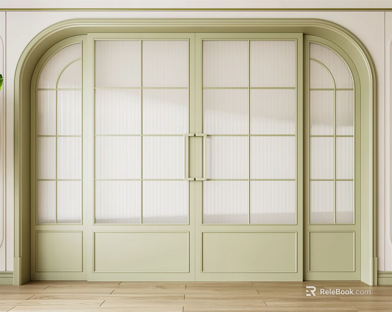 Light Green Sliding Doors With Arched Frame And Lattice Glass Indoor Wooden Floor 3d model 