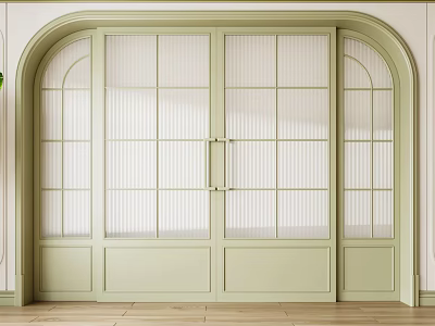 Light Green Sliding Doors With Arched Frame And Lattice Glass Indoor Wooden Floor 3d model