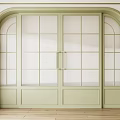 Light Green Sliding Doors With Arched Frame And Lattice Glass Indoor Wooden Floor